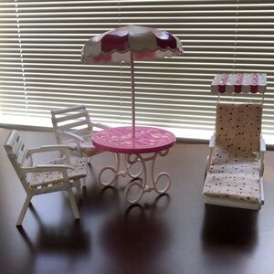 1980s Barbie Pool set with lawn chairs, table, umbrella
